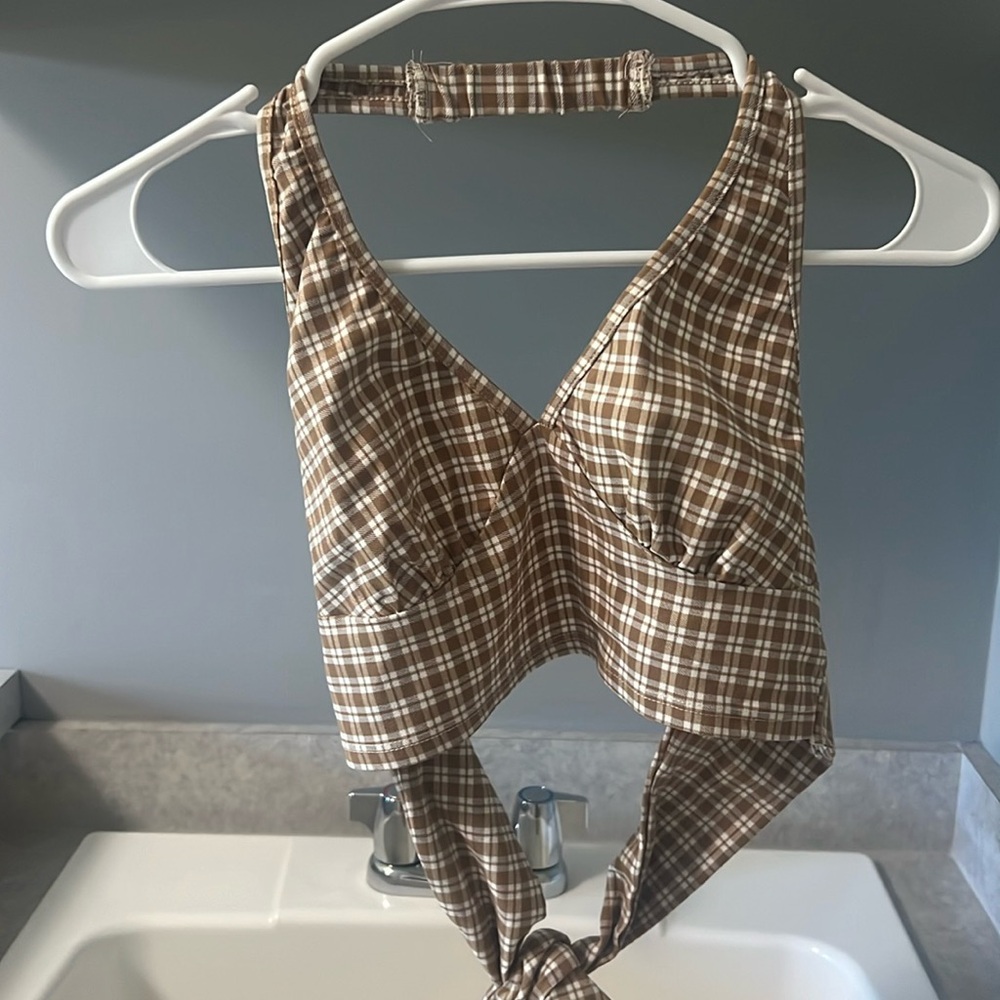NWOT * Originality Brown and White Gingham Halter Top Size XS
